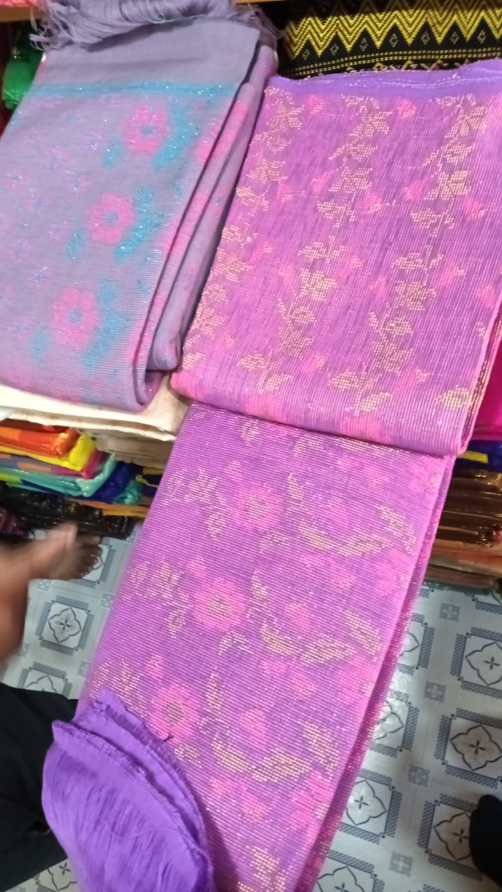 Handwoven Lavender-Purple Rignai with Pink & Golden Floral Motif