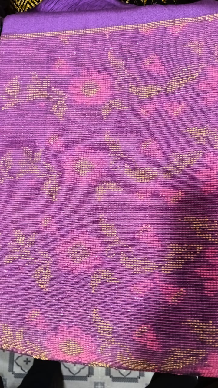 Handwoven Lavender-Purple Rignai with Pink & Golden Floral Motif
